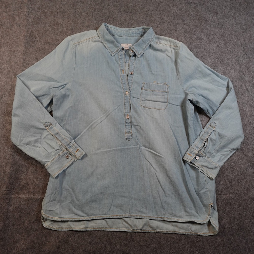 J Jill Top‎ Womens Large Denim Chambray Shirt Light Wash Half Button Long Sleeve